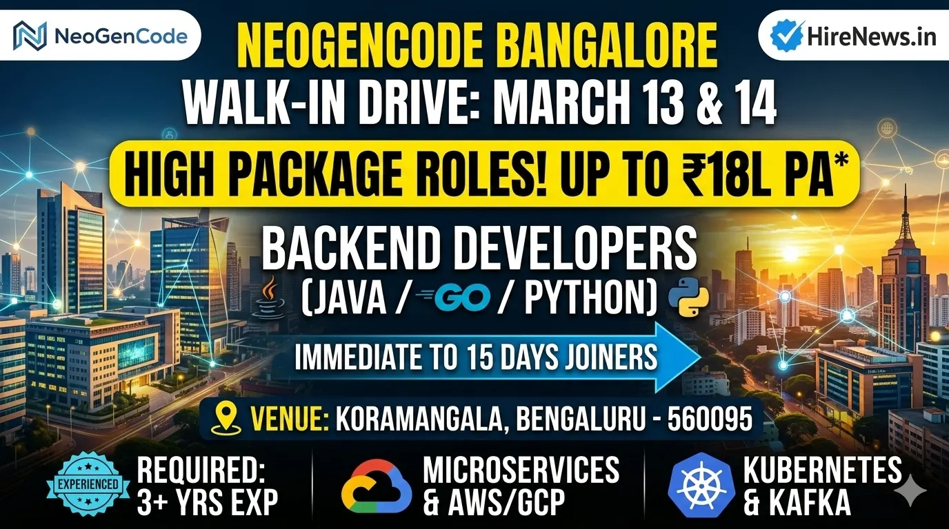 Bangalore Walk-In Drive: NeoGenCode Hiring Backend Developers (Java/Go/Python) on March 13-14