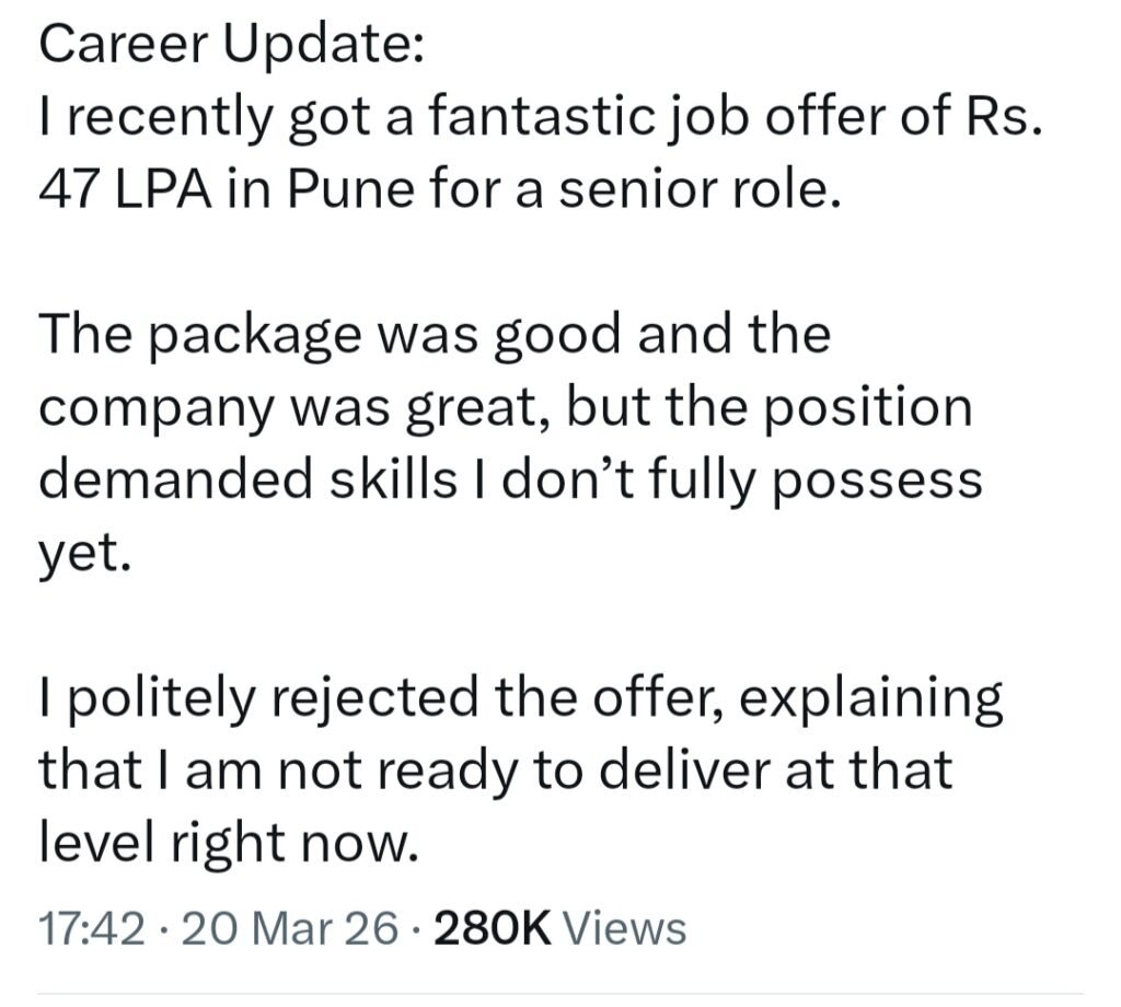 Pune Engineer Rejects ₹47 LPA Job Offer – His Honest Reason Goes Viral