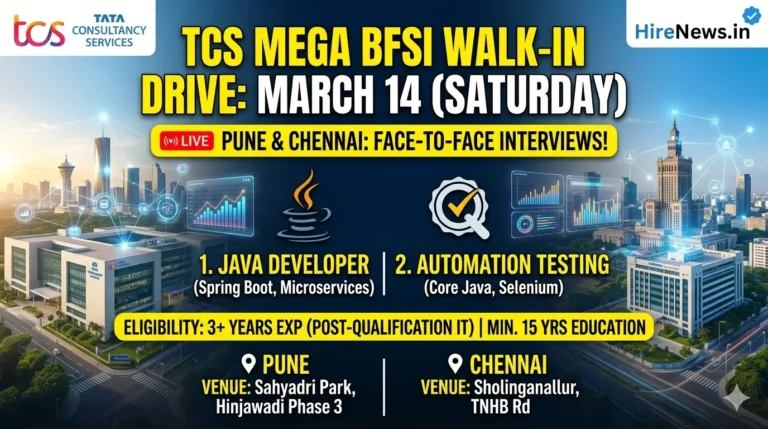 Saturday Walk-In: TCS Hiring Java Developers & QA Engineers (3+ Years Exp) | Pune & Chennai Venue Details